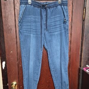 Casual Blue Drawstring Ankle Jeans